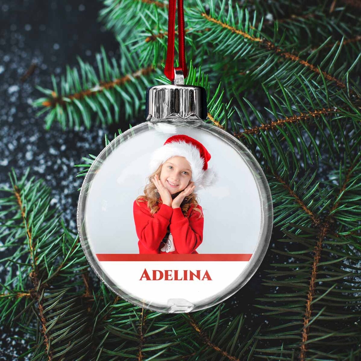 Gepersonaliseerde, doorzichtige kerstbal met aan beide zijden een foto en tekst - Kerstmis