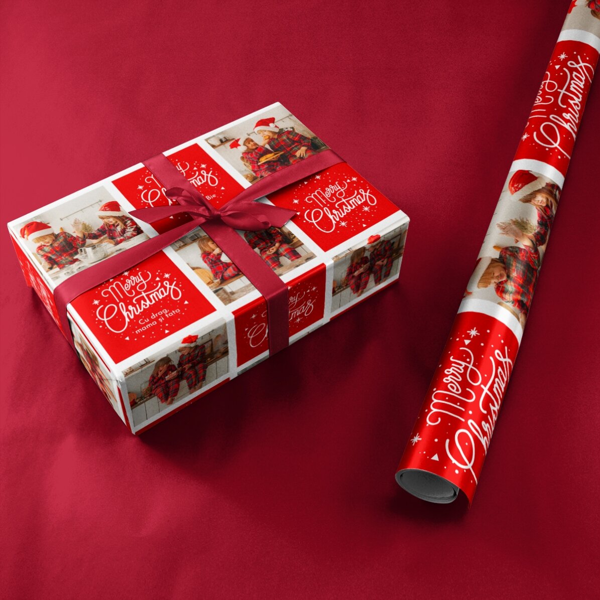 Gepersonaliseerd cadeaupapier met 12 foto’s en tekst – Kerstvierkantjes en kerstboodschappen