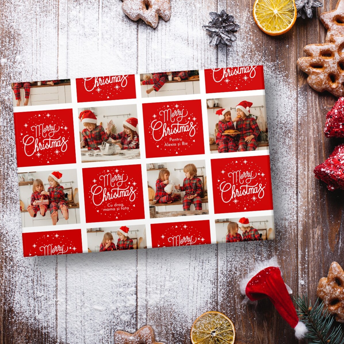 Gepersonaliseerd cadeaupapier met 12 foto’s en tekst – Kerstvierkantjes en kerstboodschappen
