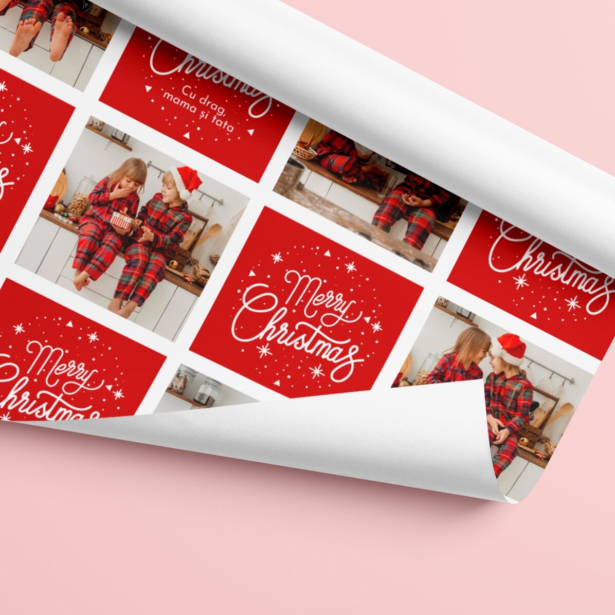 Gepersonaliseerd cadeaupapier met 12 foto’s en tekst – Kerstvierkantjes en kerstboodschappen