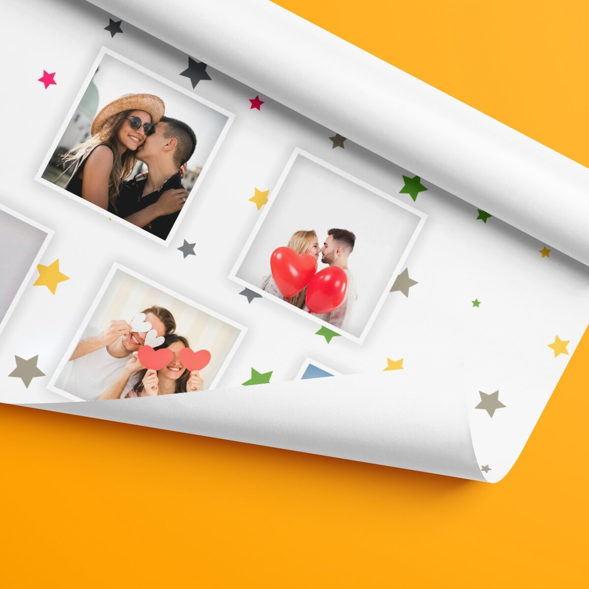 Gepersonaliseerd cadeaupapier met 13 foto’s en een achtergrond met kleurrijke sterretjes