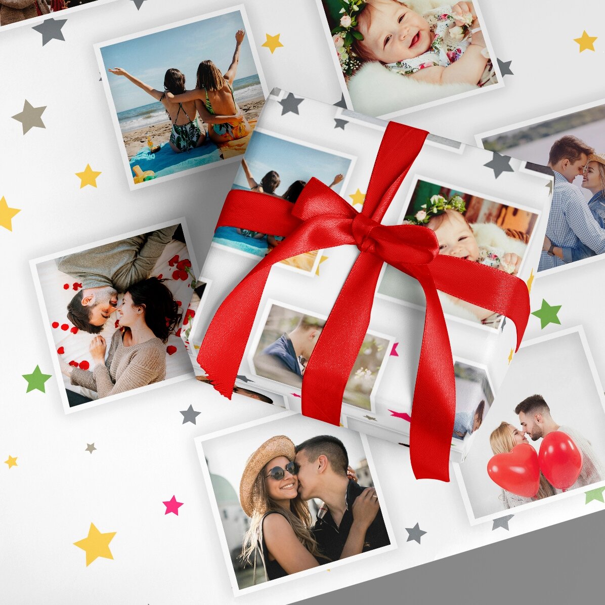 Gepersonaliseerd cadeaupapier met 13 foto’s en een achtergrond met kleurrijke sterretjes