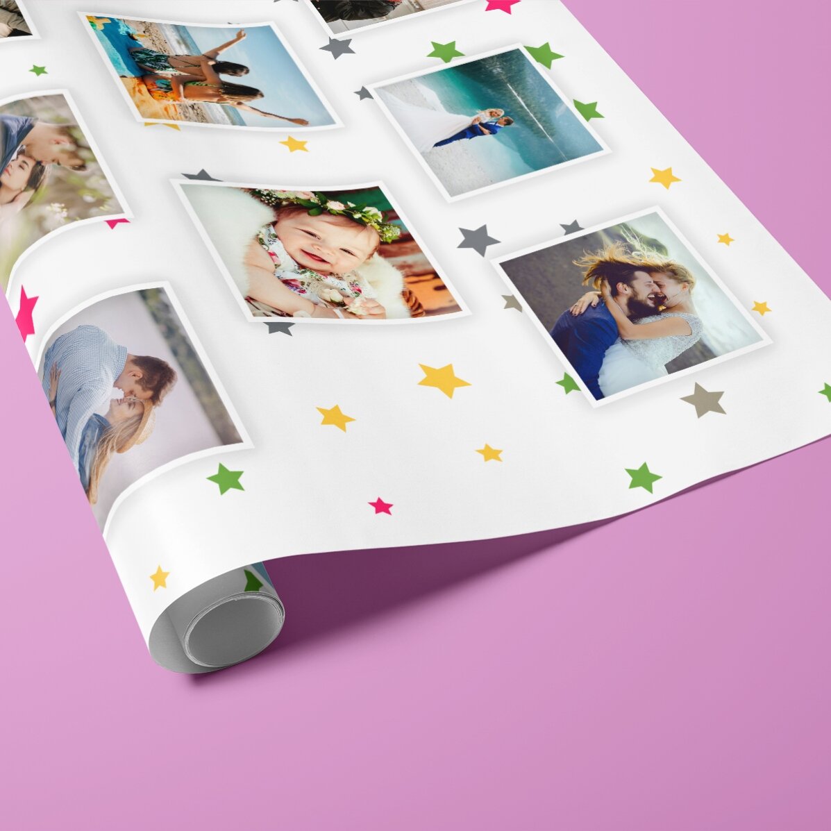 Gepersonaliseerd cadeaupapier met 13 foto’s en een achtergrond met kleurrijke sterretjes