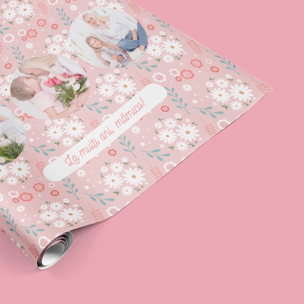 Gepersonaliseerd cadeaupapier met 3 foto’s en tekst - Lentebloemen