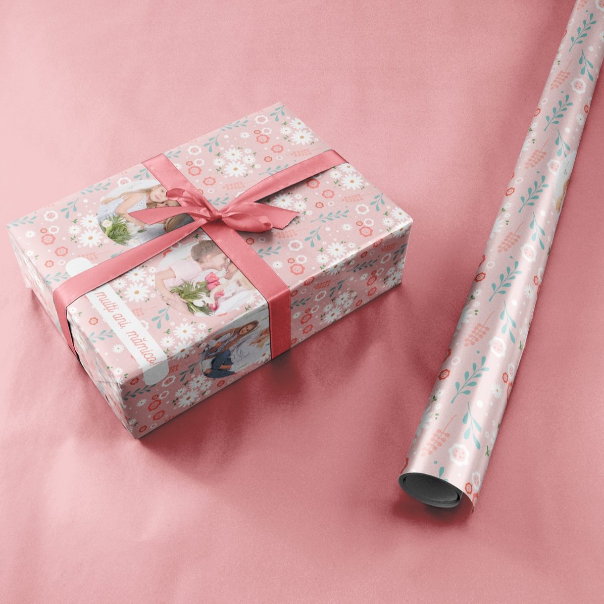 Gepersonaliseerd cadeaupapier met 3 foto’s en tekst - Lentebloemen