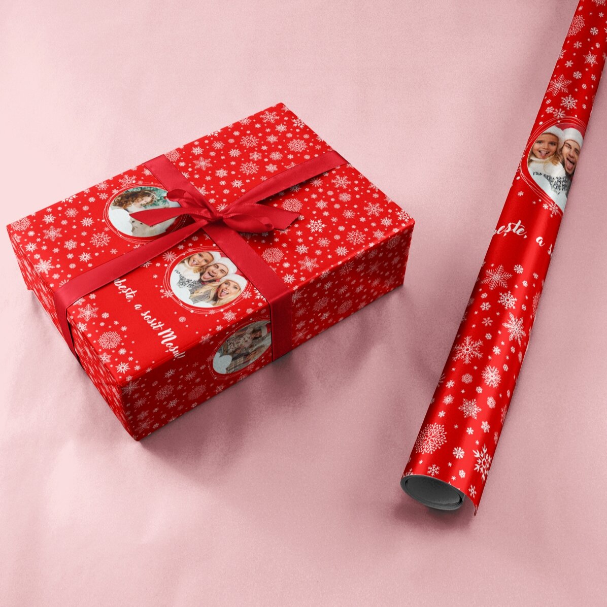 Gepersonaliseerd cadeaupapier met 3 foto’s en tekst - Sneeuwvlokken