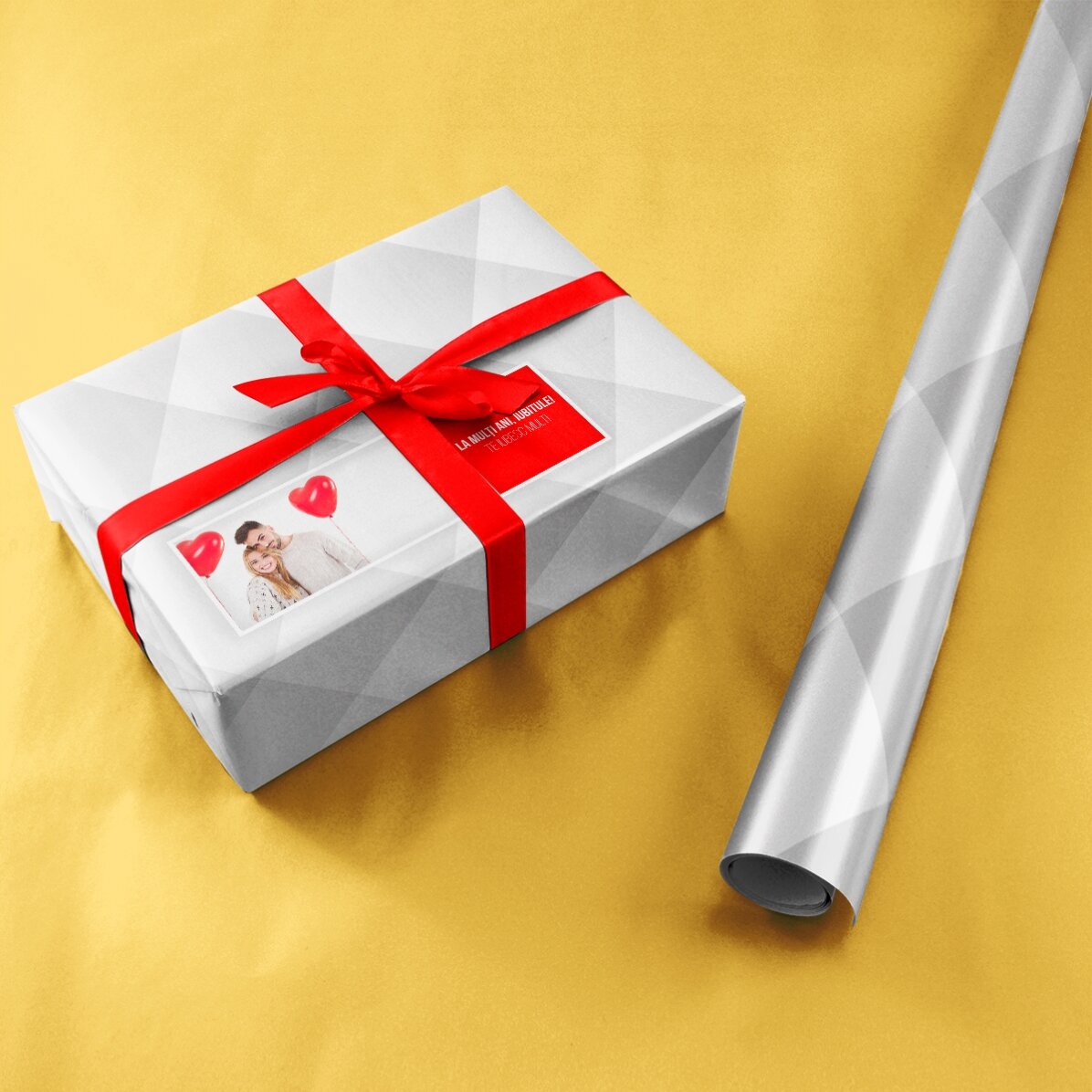 Gepersonaliseerd cadeaupapier met een foto en tekst