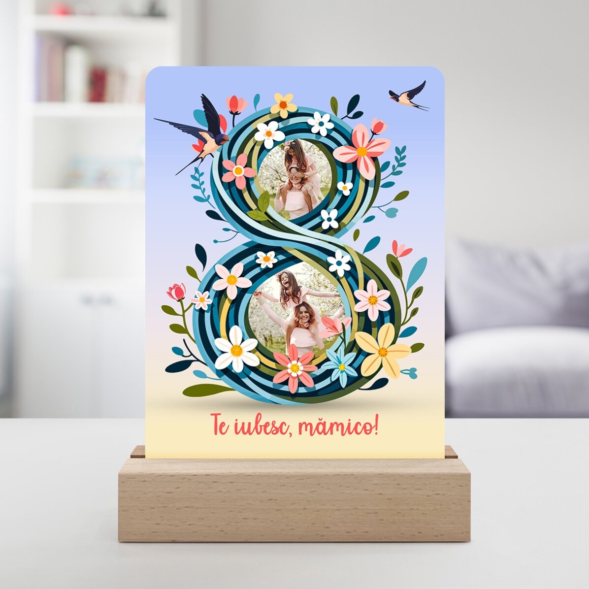 Personalised LED night light with 2 photos and text - 8 floral