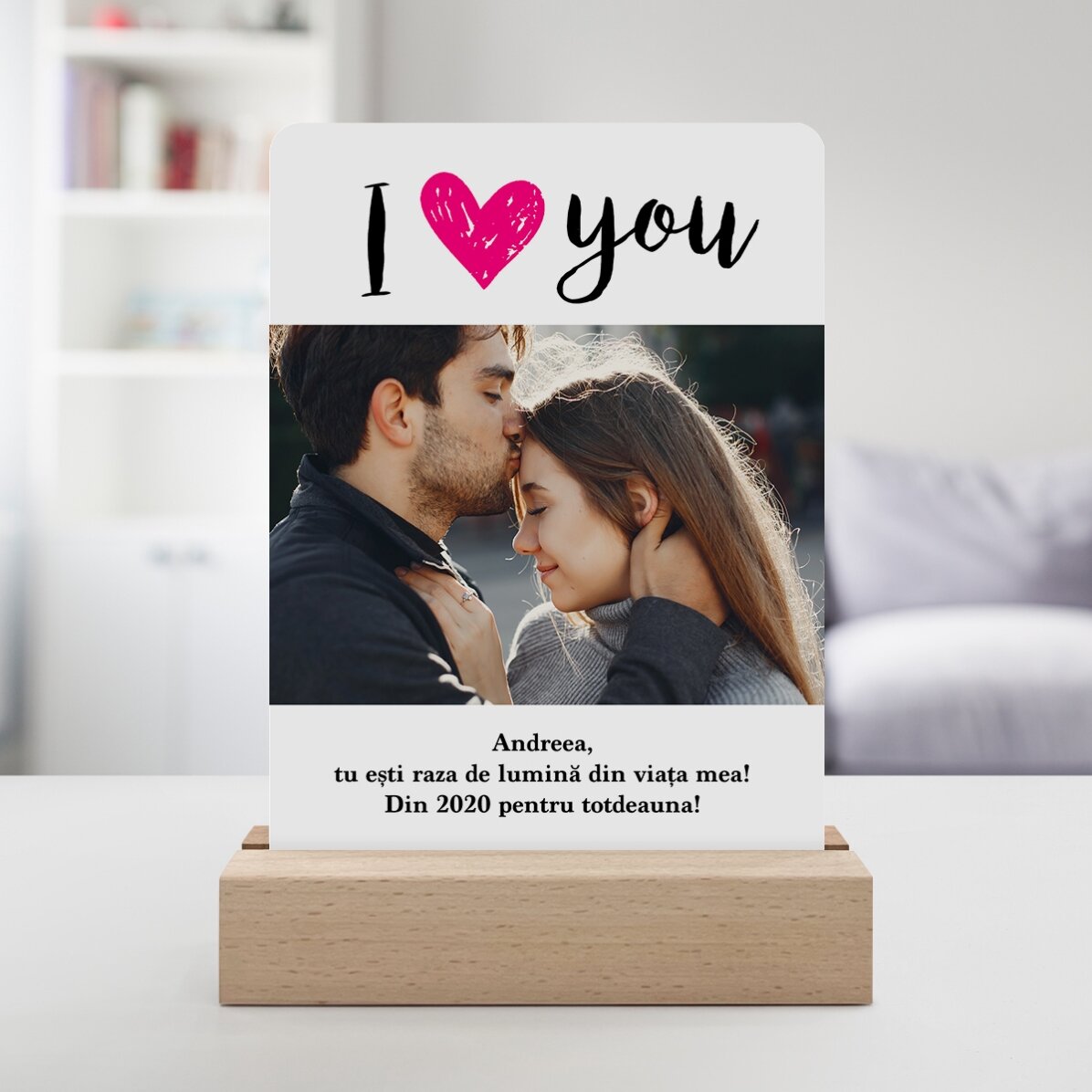 Gepersonaliseerde LED-nachtlamp met een foto en een boodschap - I love you