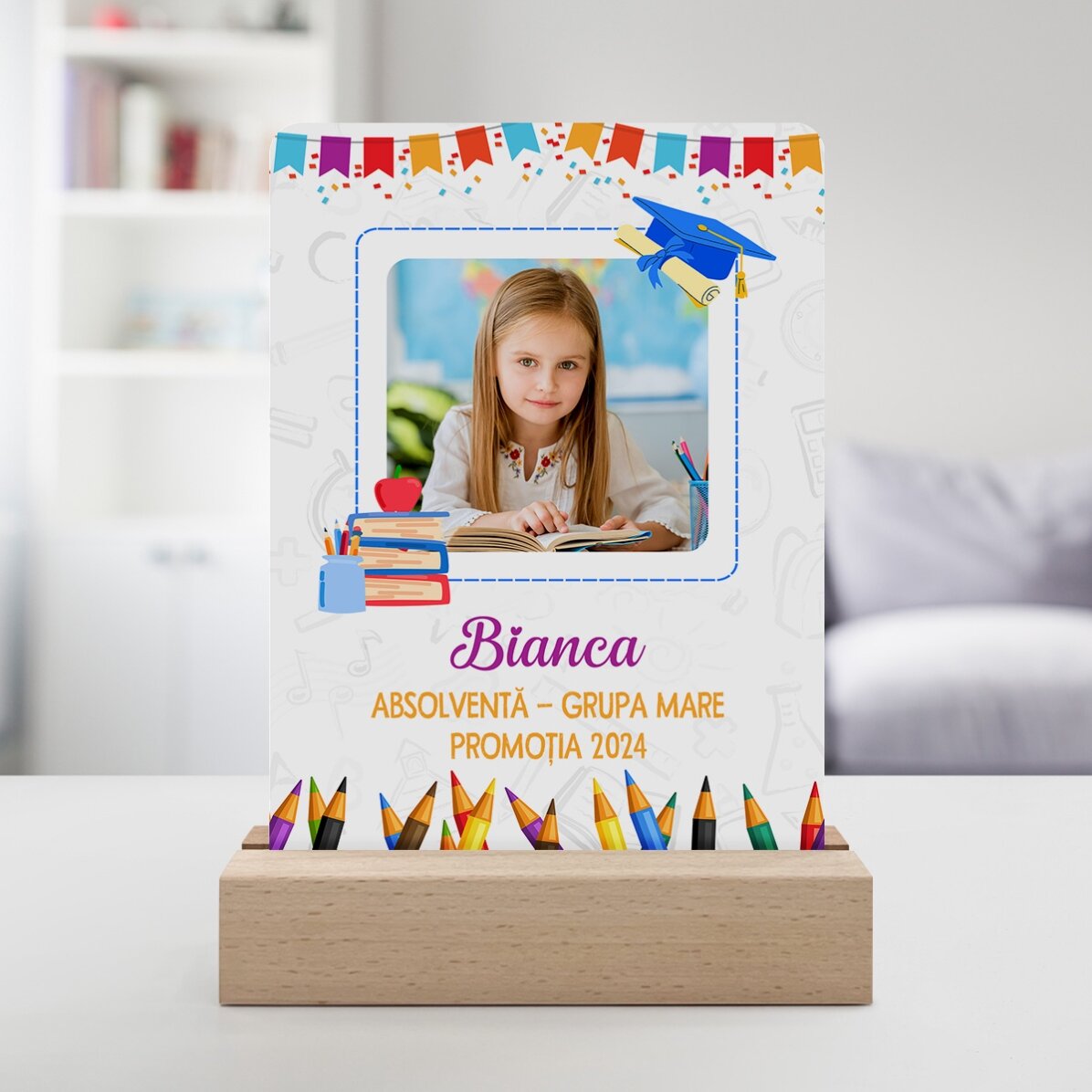 Gepersonaliseerde LED-nachtlamp met een foto en een boodschap voor kinderen - Afstuderen