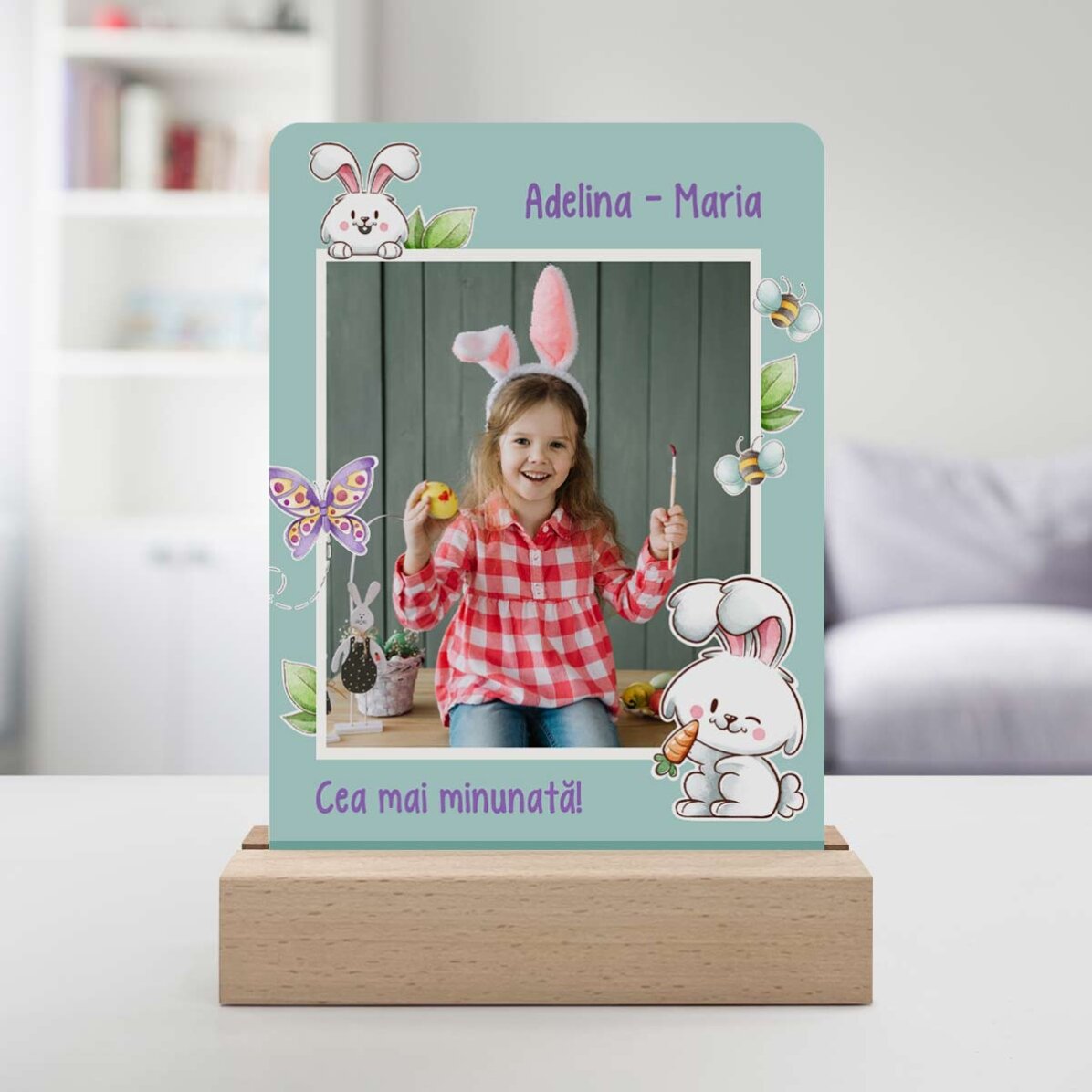 Gepersonaliseerde LED-nachtlampje met een foto en tekst - Konijntje