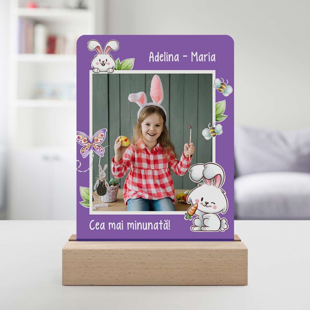 Gepersonaliseerde LED-nachtlampje met een foto en tekst - Konijntje