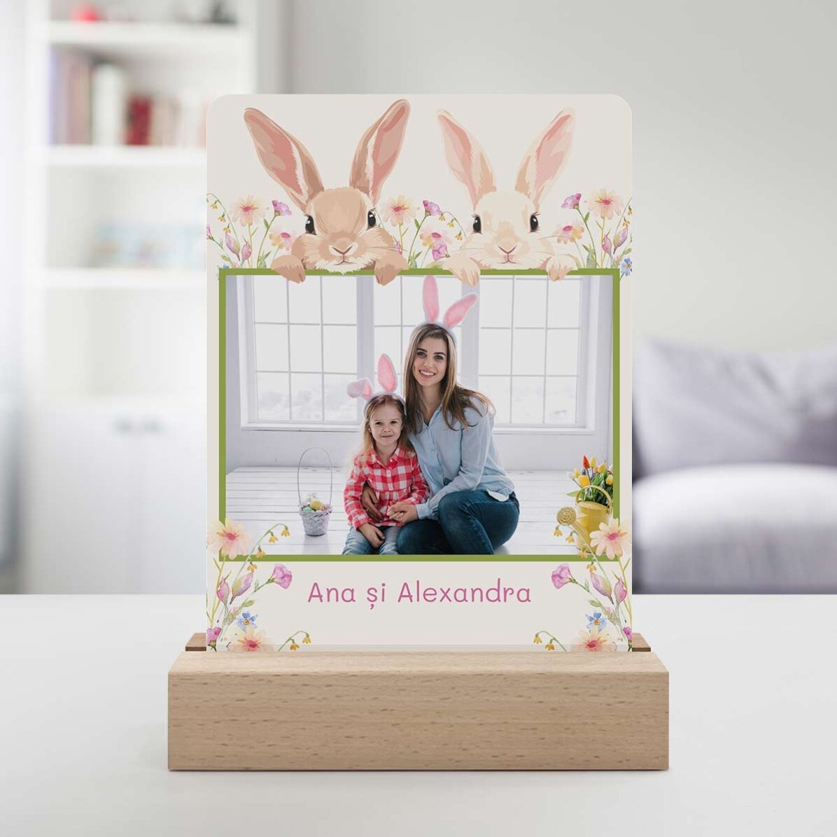 Gepersonaliseerde LED-nachtlamp met een foto en tekst - Konijnen