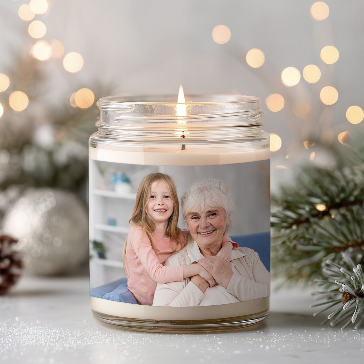 Grote geurkaars, gepersonaliseerd met een foto