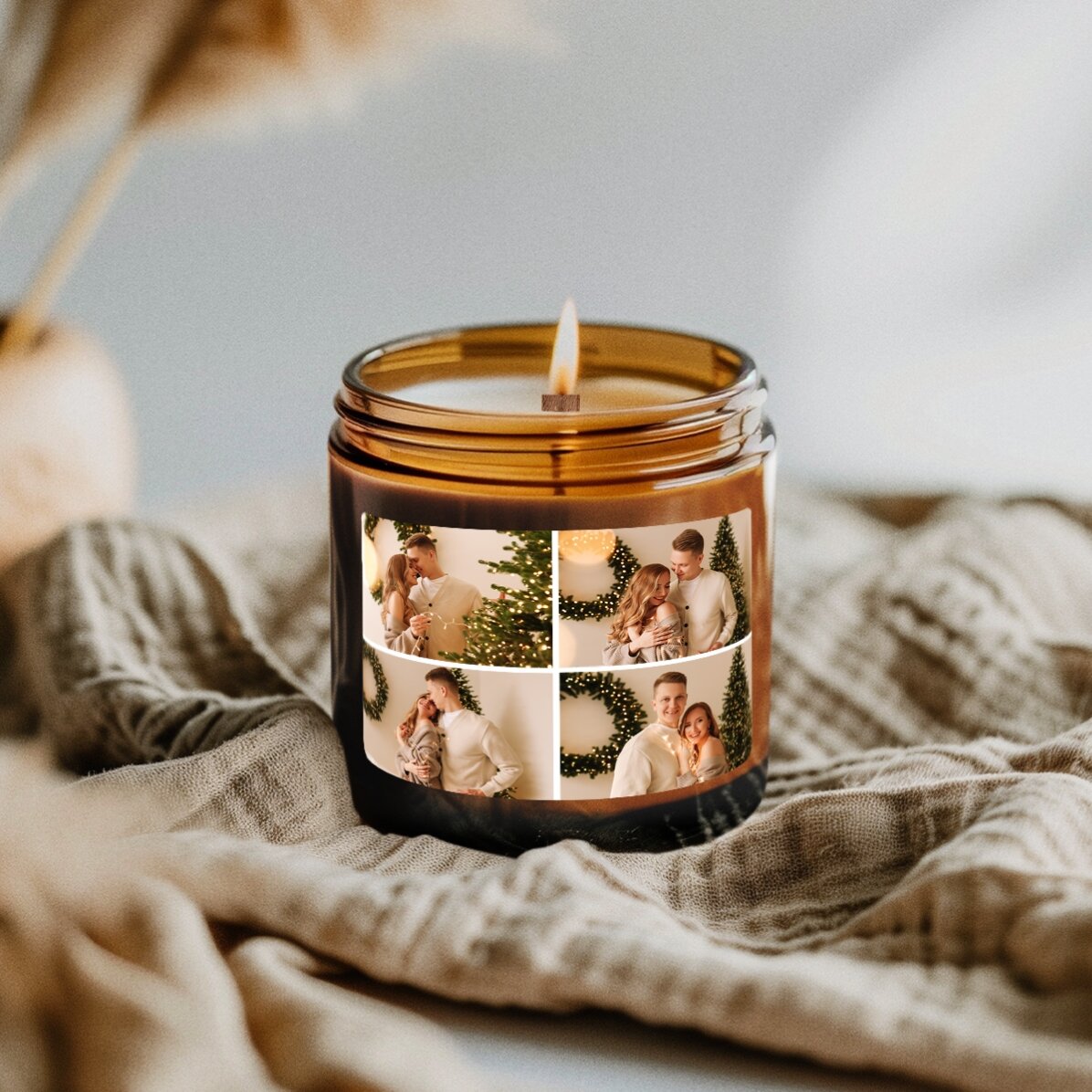 Kleine gepersonaliseerde geurkaars met 4 foto’s