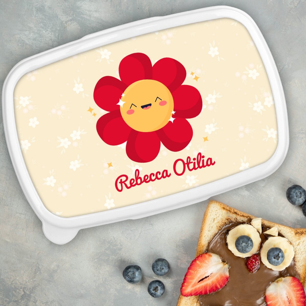 Lunchbox, op maat gemaakte lunchtrommel met naam - Model met kleurrijke bloemen