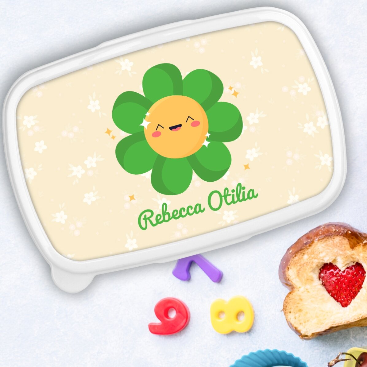 Lunchbox, op maat gemaakte lunchtrommel met naam - Model met kleurrijke bloemen