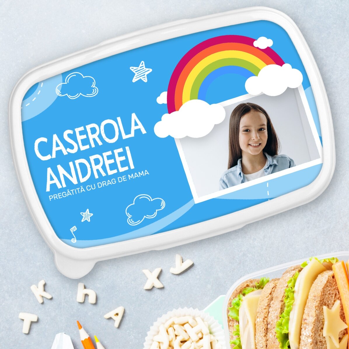 Lunchbox, gepersonaliseerde lunchtrommel met foto en naam - Regenboogmodel
