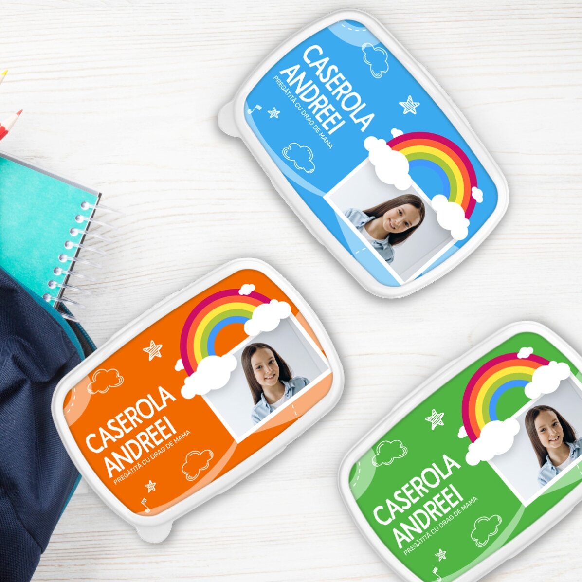 Lunchbox, gepersonaliseerde lunchtrommel met foto en naam - Regenboogmodel