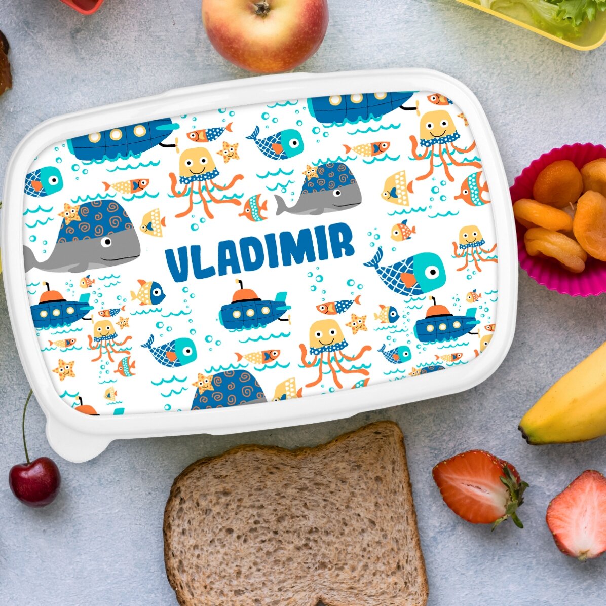 Lunchbox, gepersonaliseerde opbergdoos met tekst - Blue sea