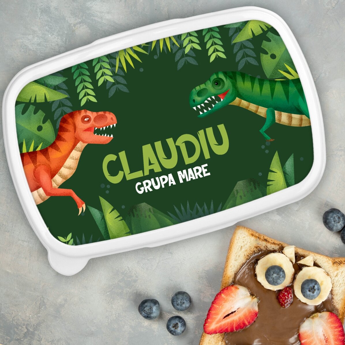 Lunchbox, gepersonaliseerde lunchtrommel met tekst - T-Rex-dinosaurus