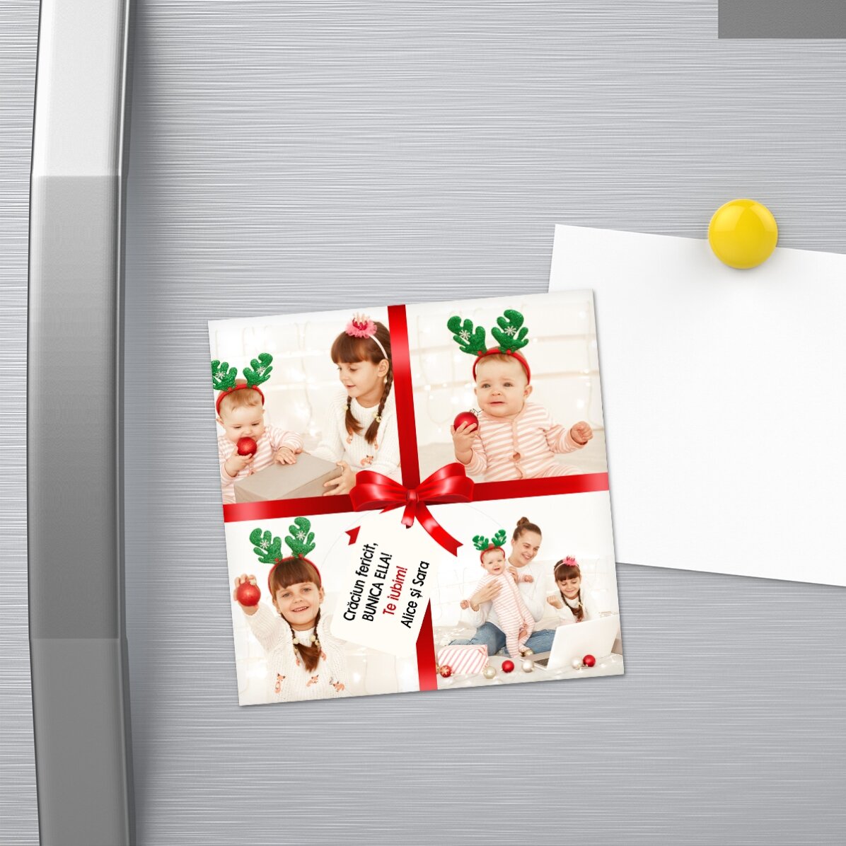 Gepersonaliseerde magneet van 10x10 met 4 foto’s en een boodschap – Het perfecte cadeau
