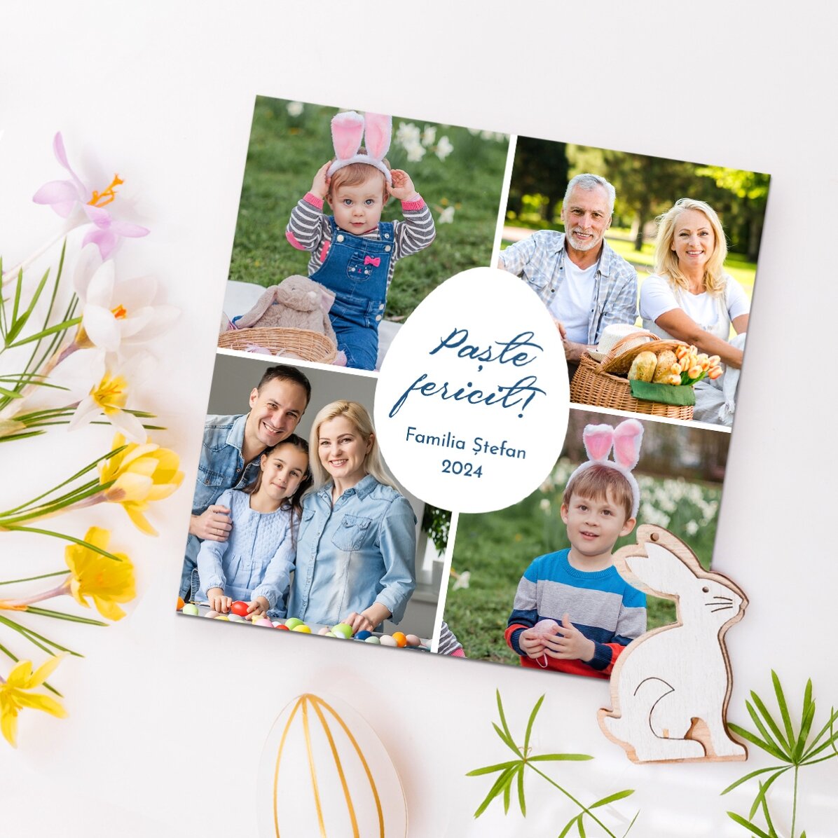 Gepersonaliseerde magneet van 10x10 met 4 foto’s en een boodschap – Vrolijk Pasen