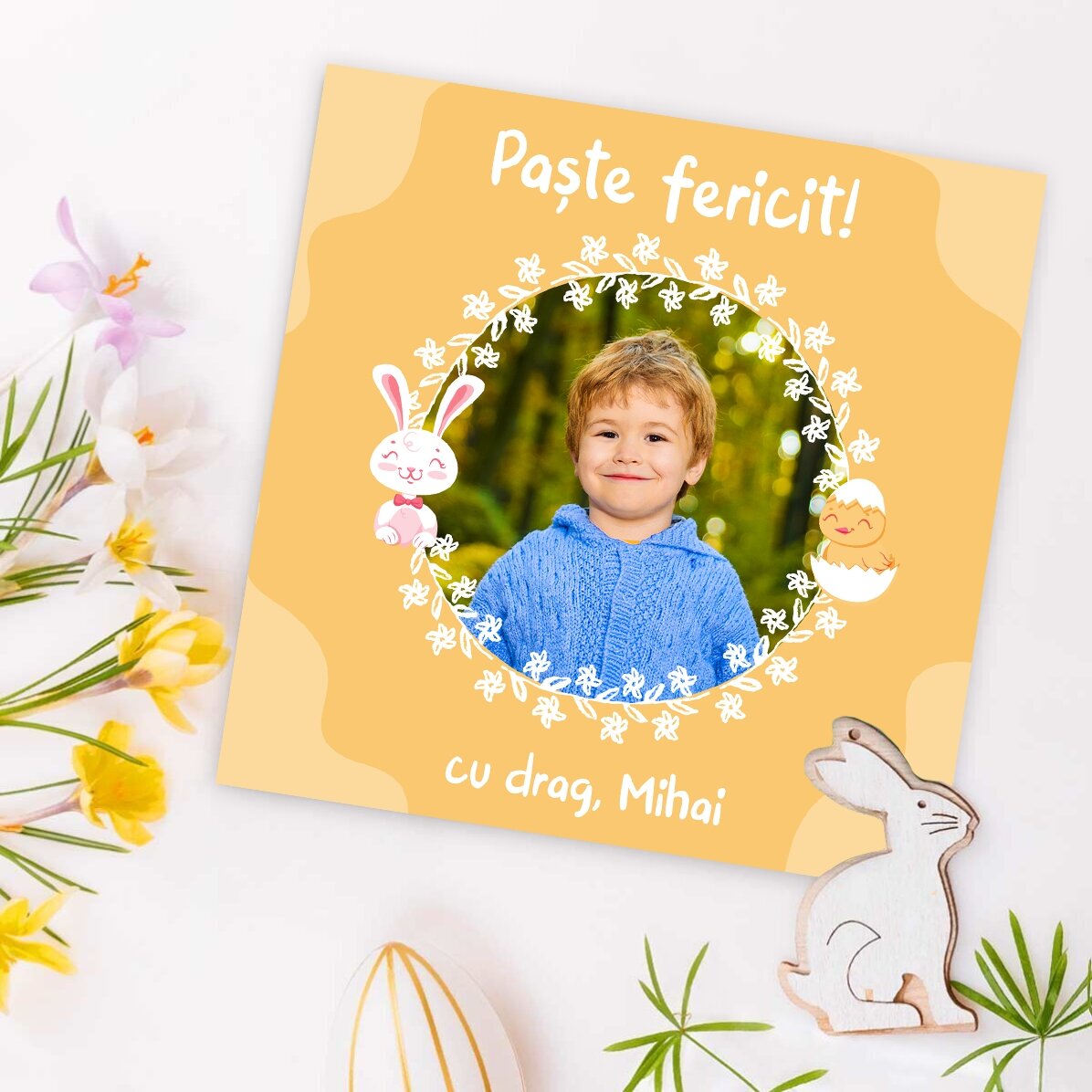 Gepersonaliseerde magneet van 10x10 met een foto en een paasboodschap