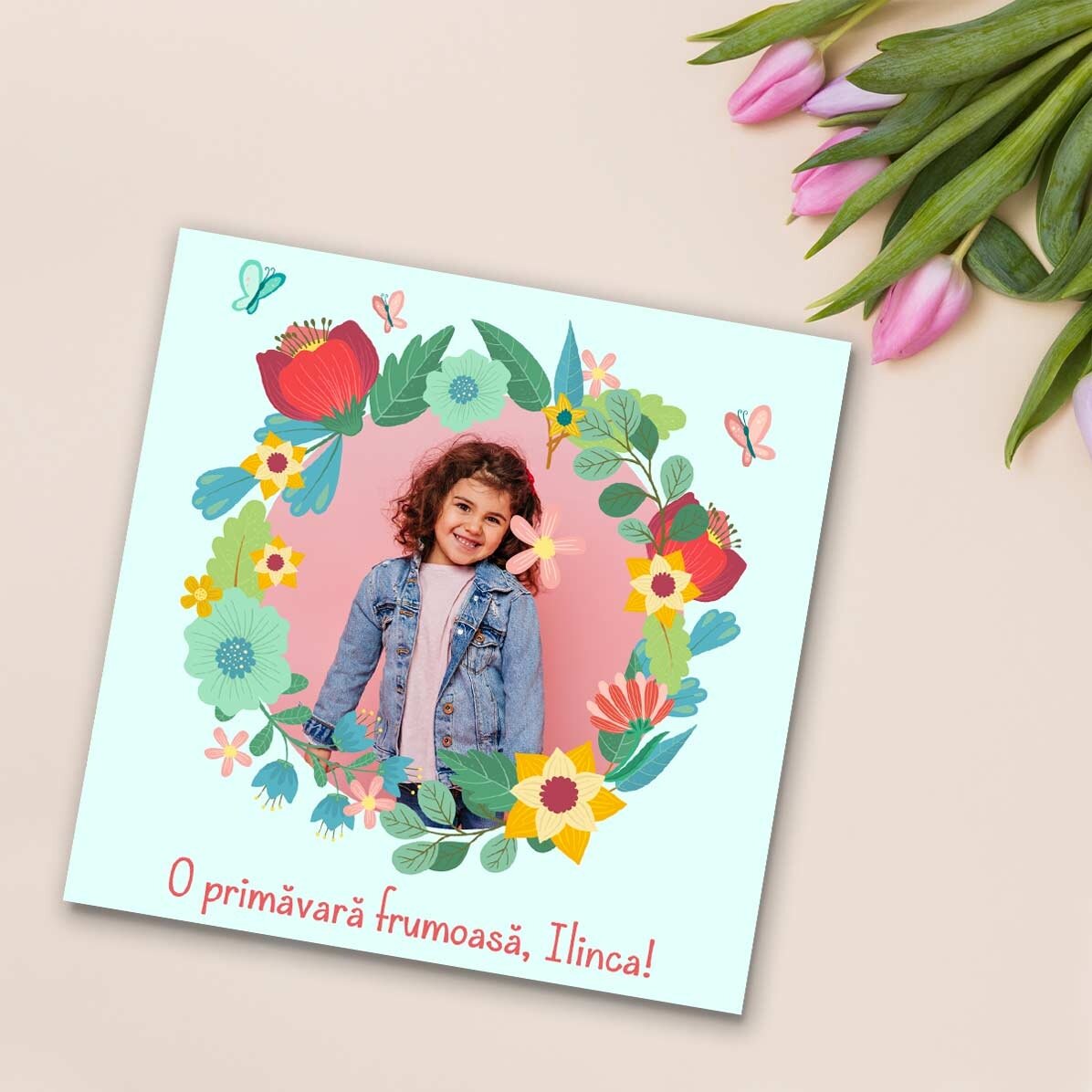 Gepersonaliseerde magneet van 10x10 met een foto en tekst - Bloemen