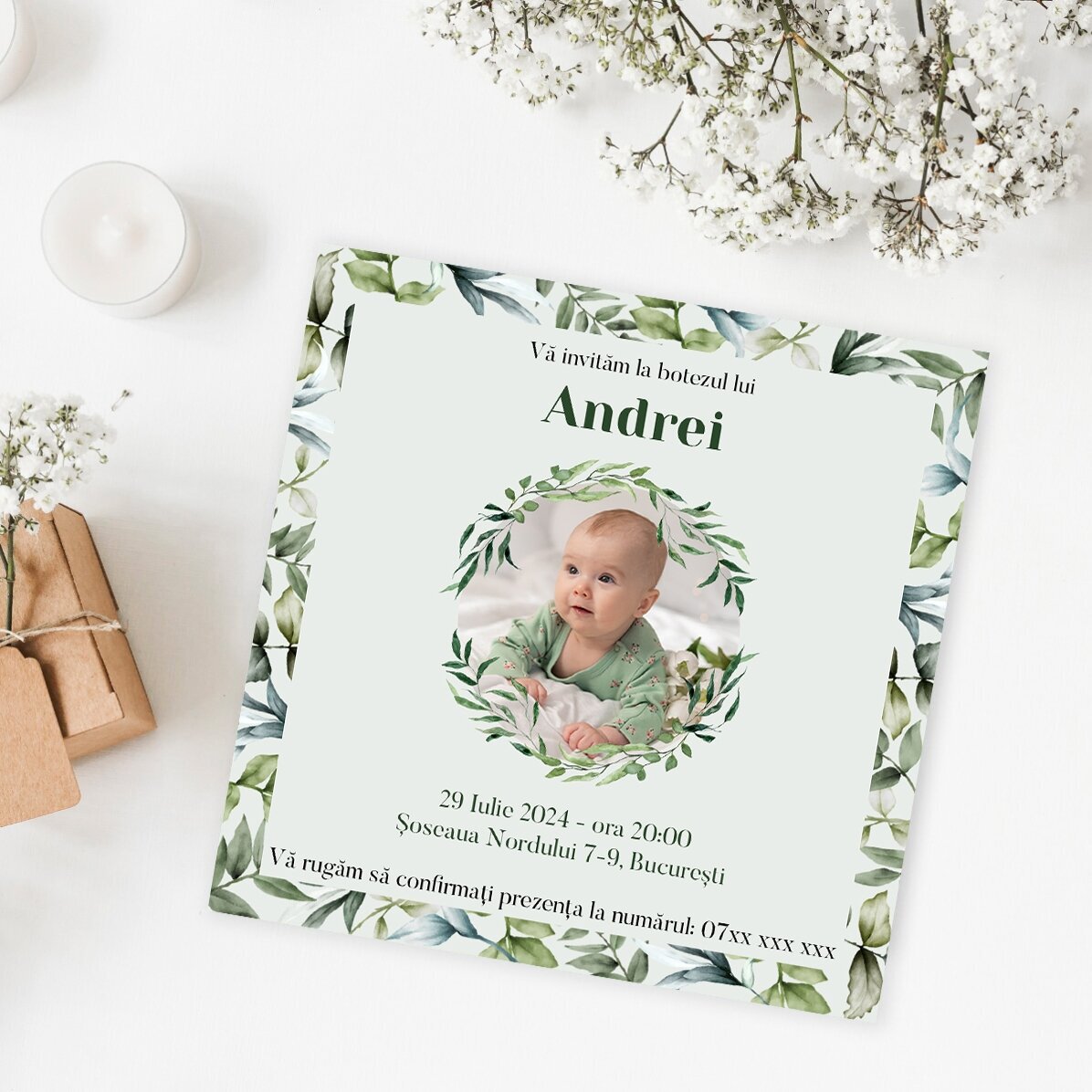 Gepersonaliseerde magneet van 10x10 met een foto en tekst - Uitnodiging voor een doop