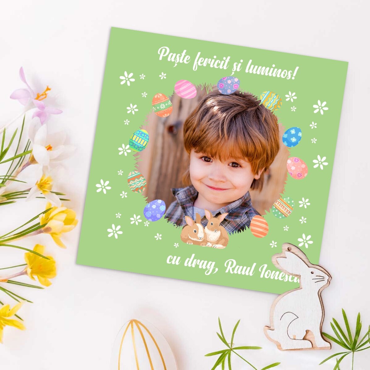 Gepersonaliseerde magneet van 10x10 met een foto en tekst - Pasen