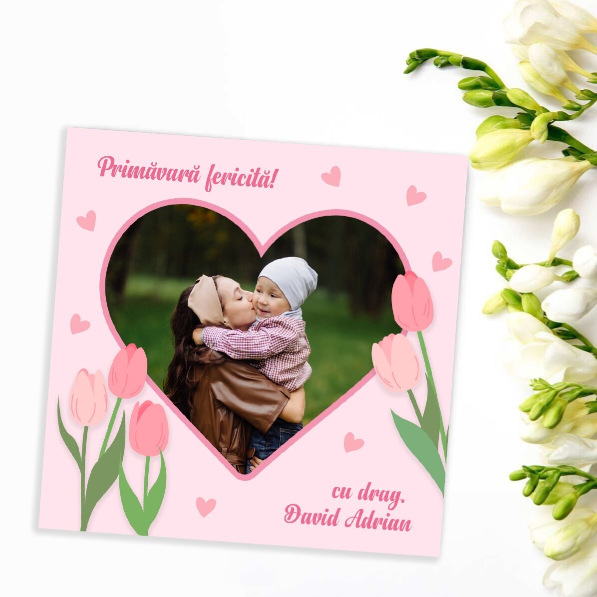 Gepersonaliseerde magneet van 10x10 met een foto en tekst - Gelukkige lente