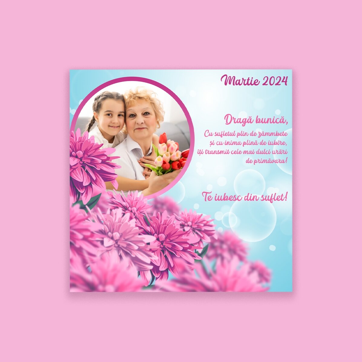 Gepersonaliseerde magneet van 10x10 met foto en tekst - Roze lente