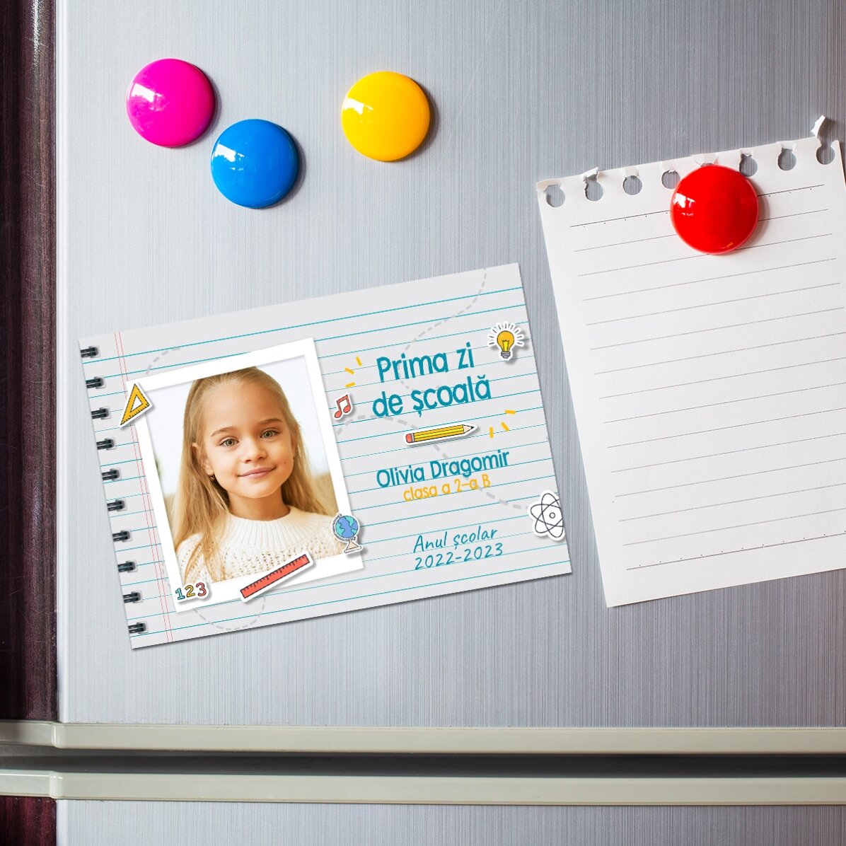10x7 cm magnet personalised with a photo and text - First day of school