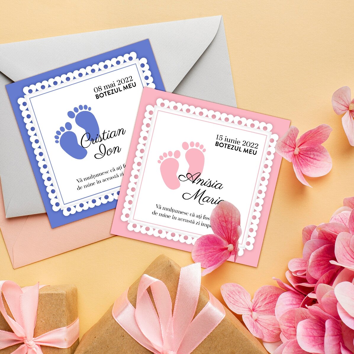 Personalised 10x10 baptism magnet with text - Picioruse