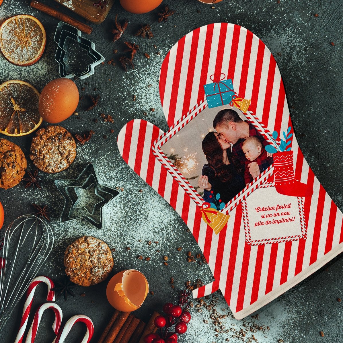Gepersonaliseerde keukenhandschoen met foto en tekst - Candy Cane