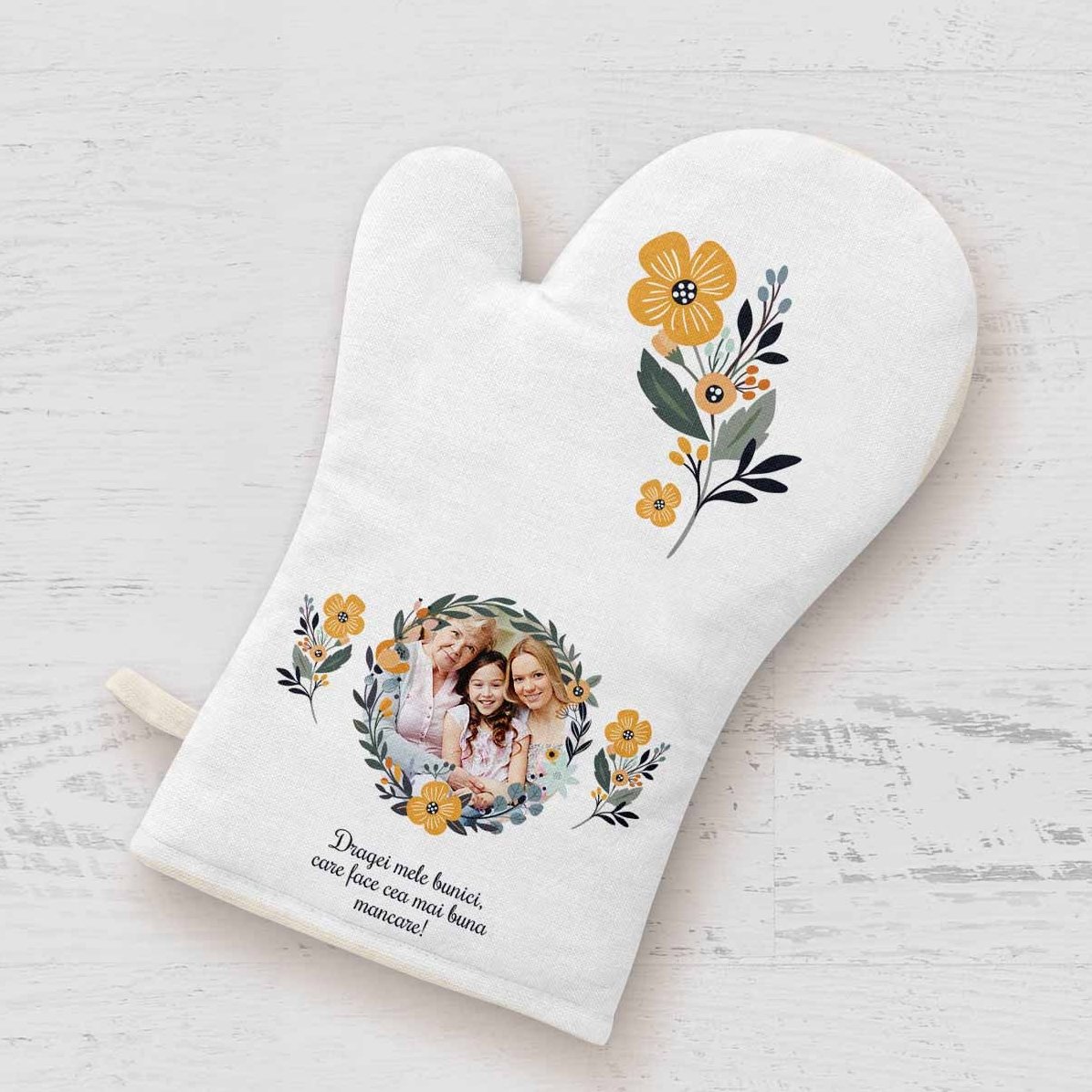 Op maat gemaakte keukenhandschoen met foto en tekst - Bloemenmotief