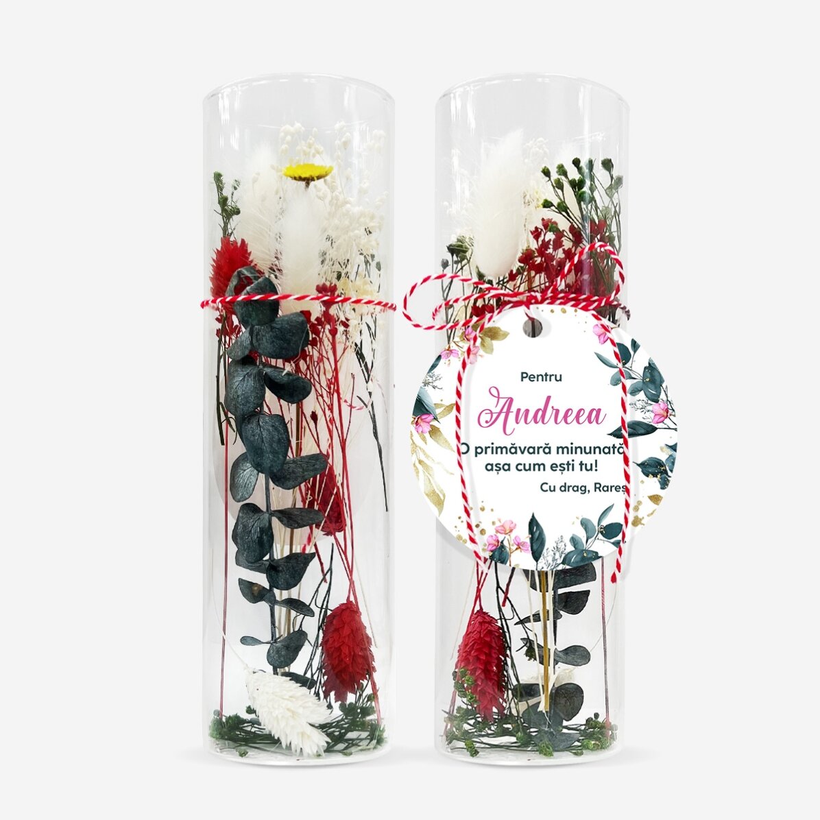 Martisor-sieraad van glas met geconserveerde bloemen, gepersonaliseerd met een boodschap - Mijn lief