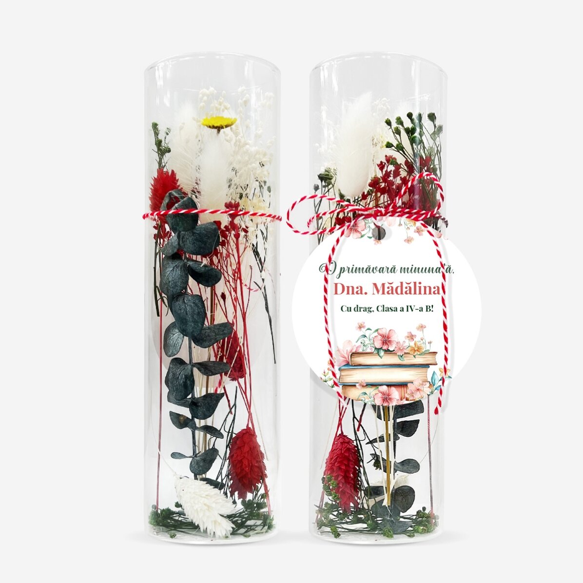 Martisor-sieraad van glas met geconserveerde bloemen, gepersonaliseerd met een boodschap voor de ler
