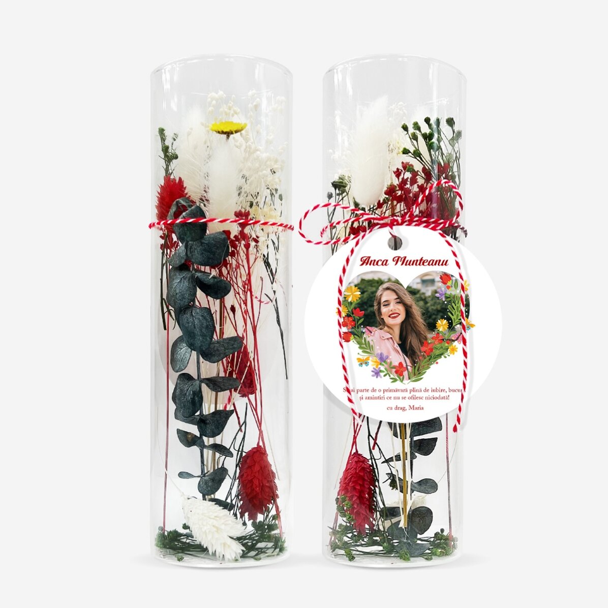 Glass martisor ornament with preserved flowers, personalised with a message and photo - Heart