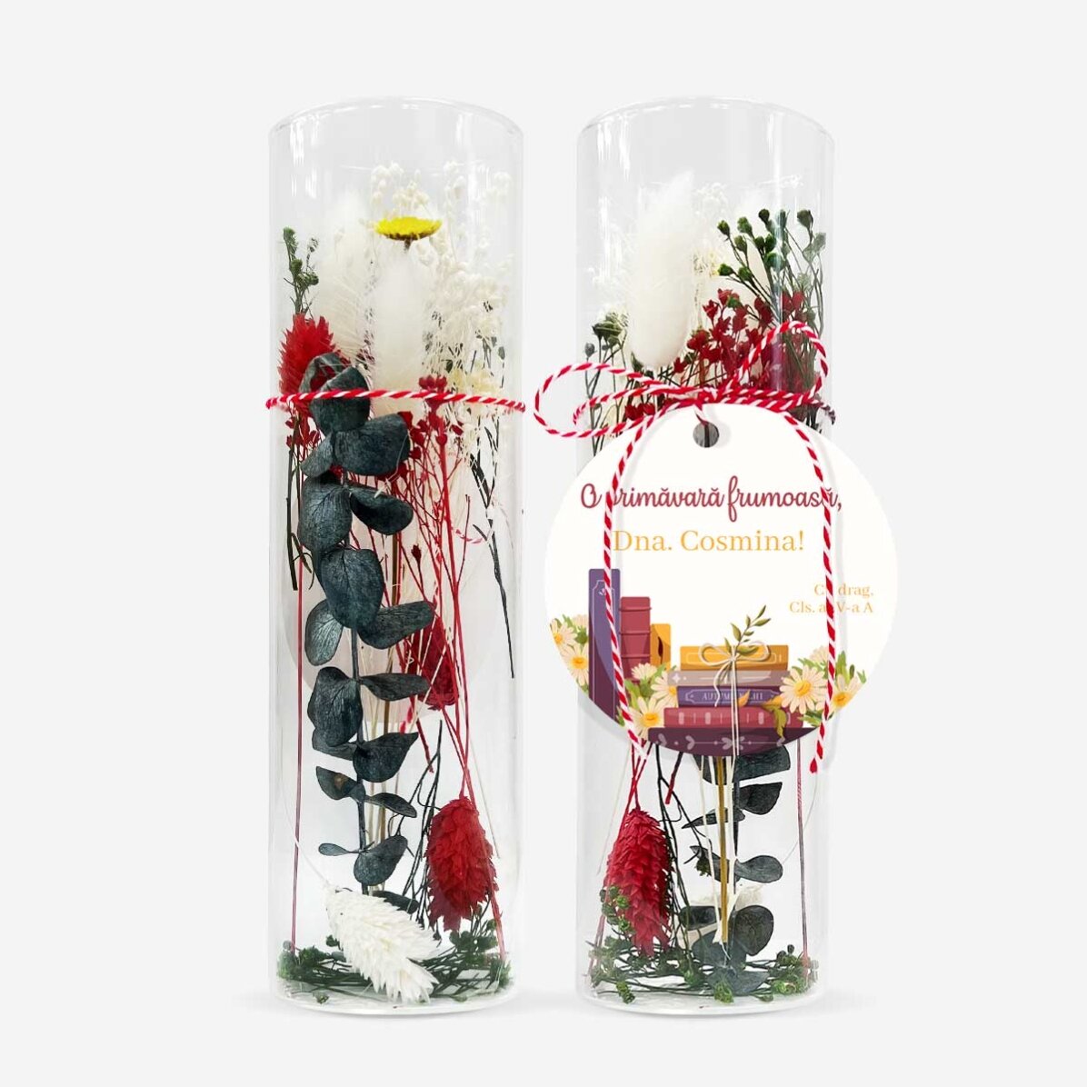 Martisor-sieraad van glas met geconserveerde bloemen, gepersonaliseerd met een tekst voor de lerares