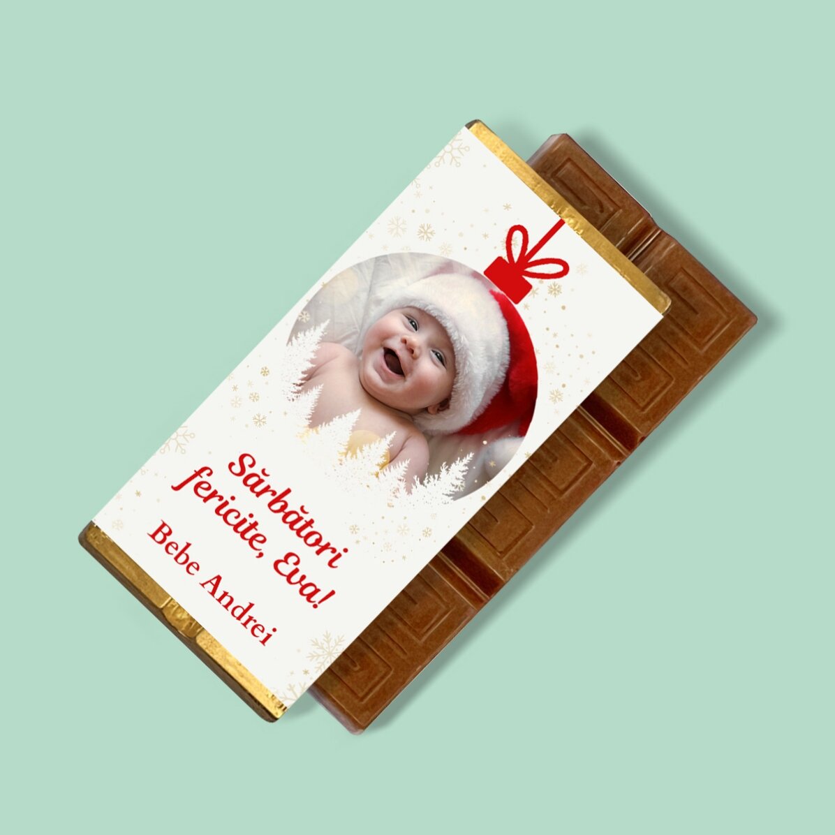 Mini chocolate bar personalised with a photo and message - Christmas bauble
