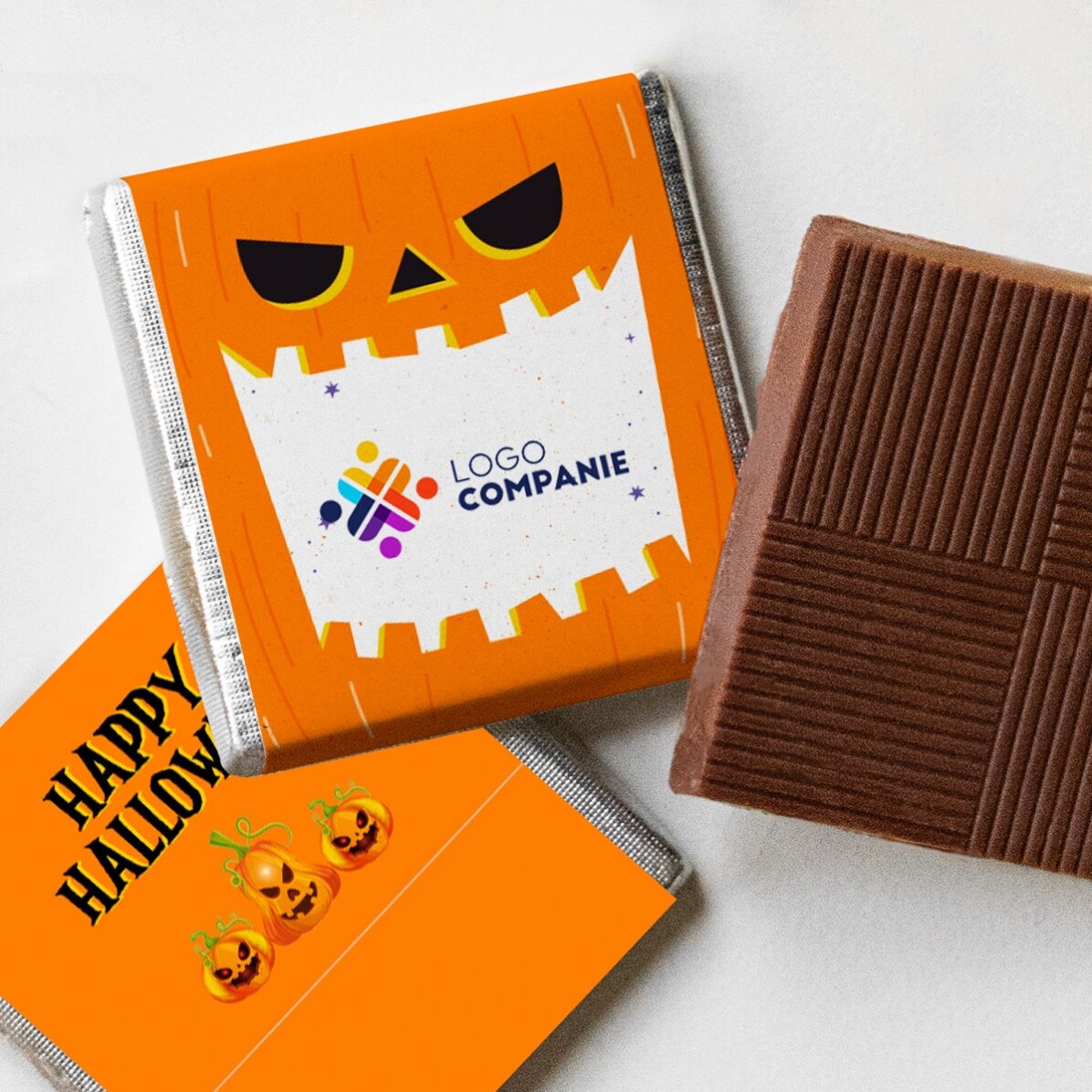 Gepersonaliseerde mini-chocolade met logo en Halloween-boodschap – Pompoen