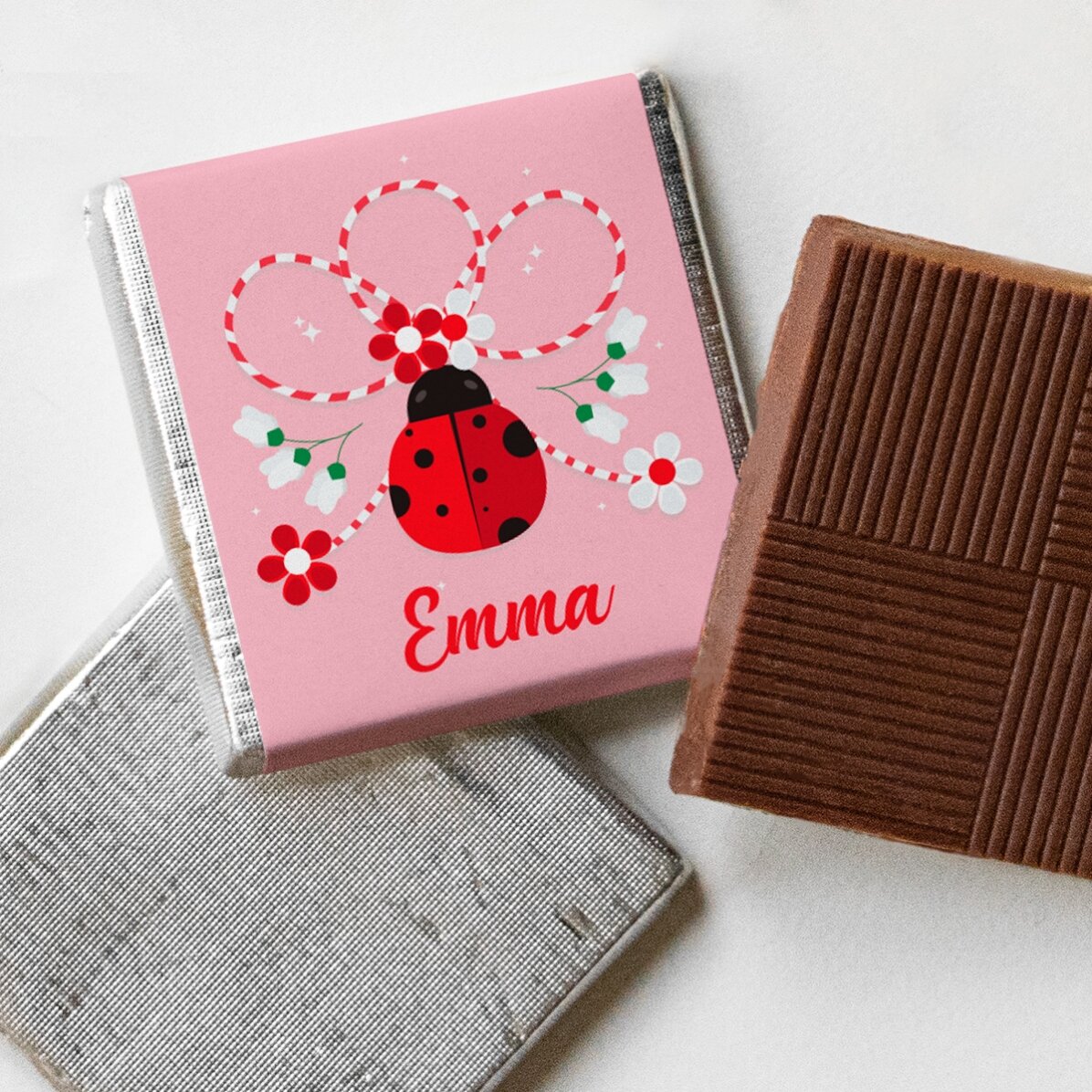 Gepersonaliseerde mini-chocolade met de naam ‘lieveheersbeestje’