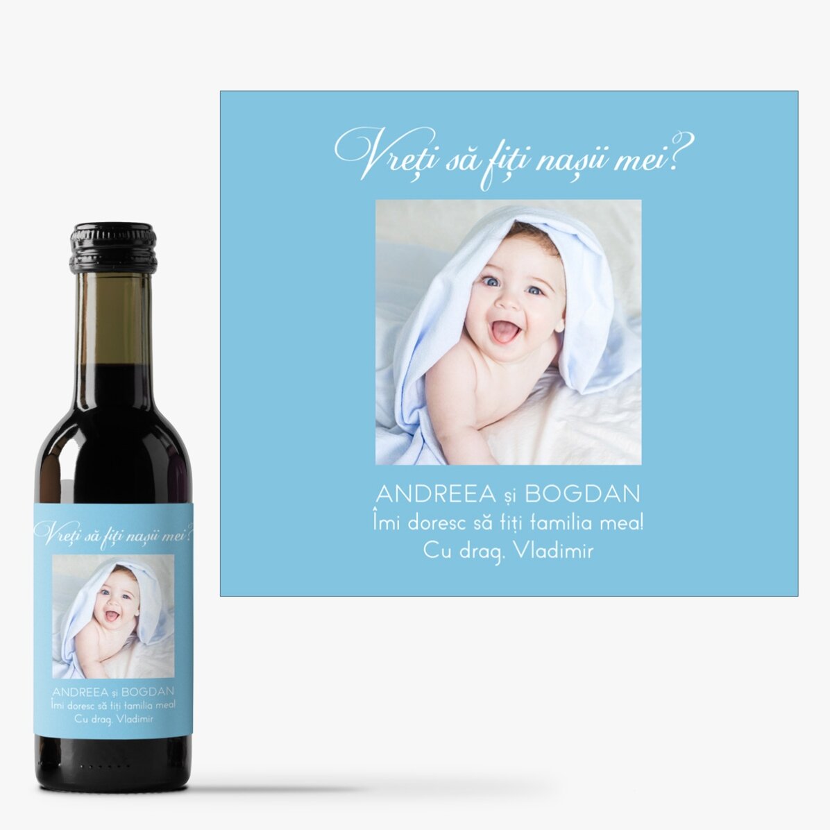 Mini bottle of wine personalised with a photo and message for your loved ones