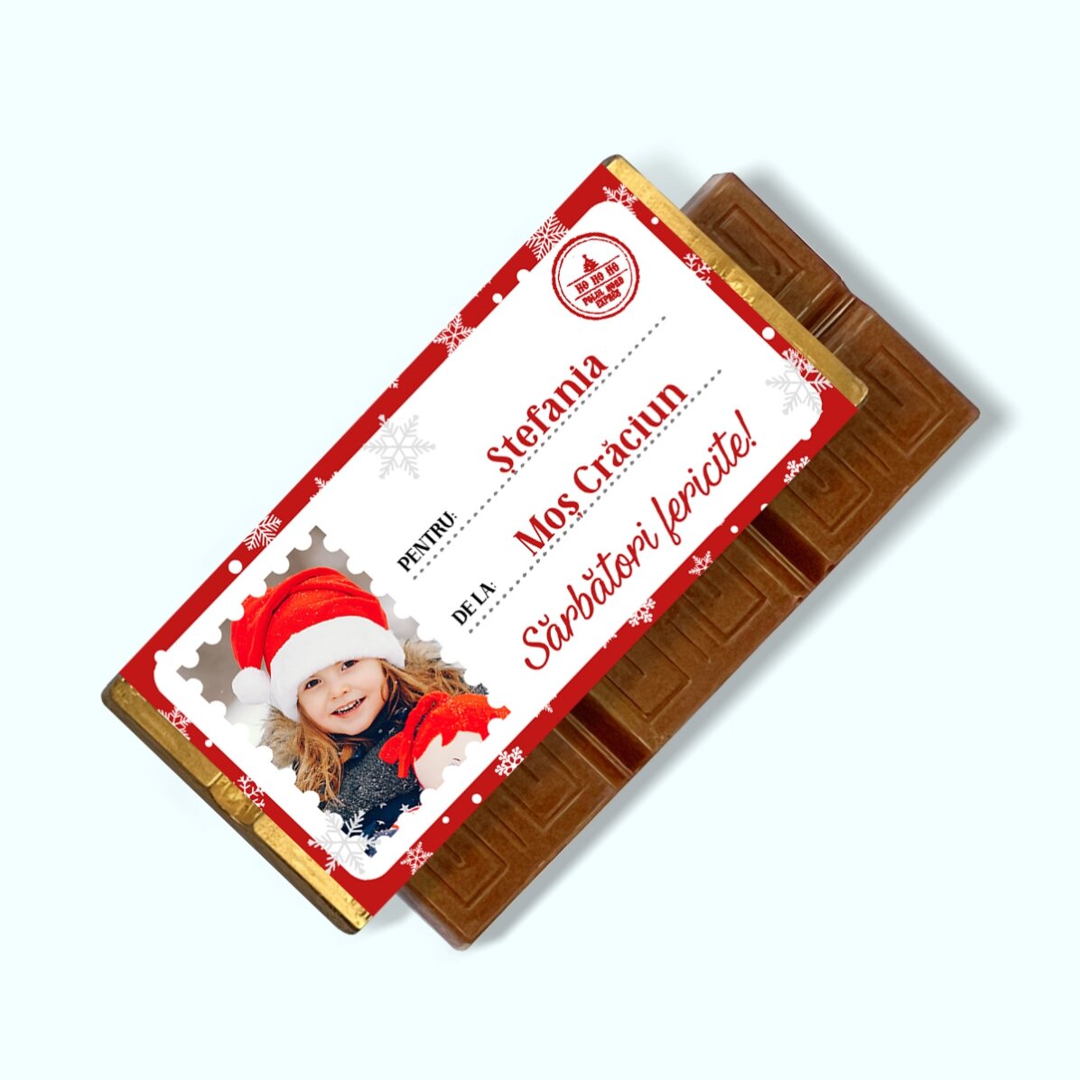 Mini-chocoladetabletje, gepersonaliseerd met een foto en een boodschap – Liefs, de kerstman