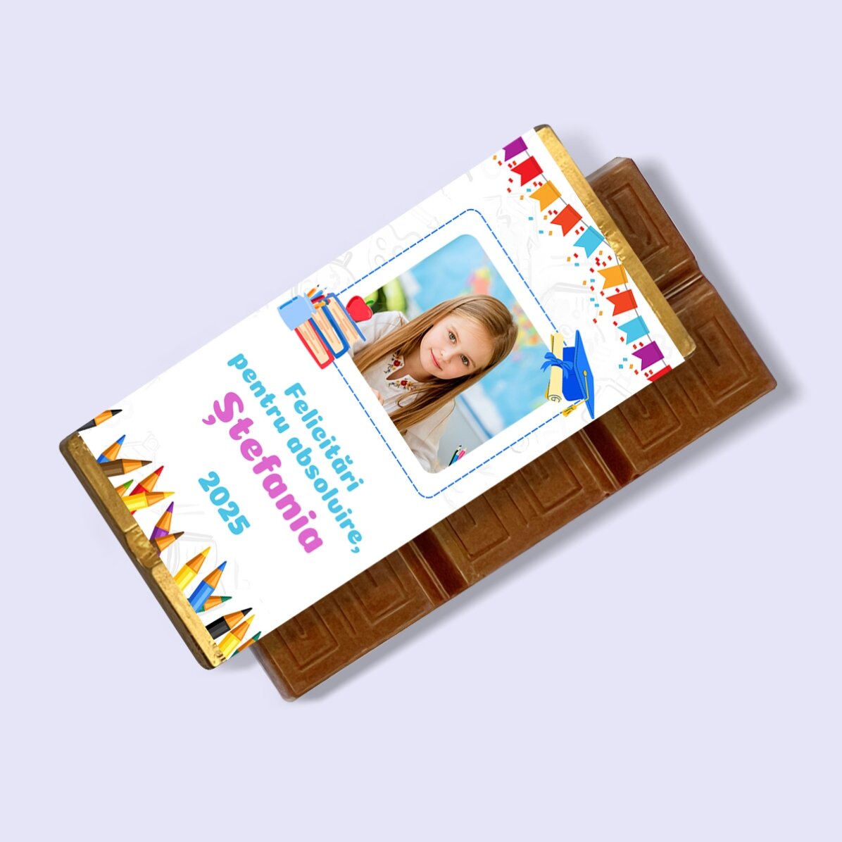 Gepersonaliseerde mini-chocoladereep voor kinderen met foto en boodschap - Afstuderen