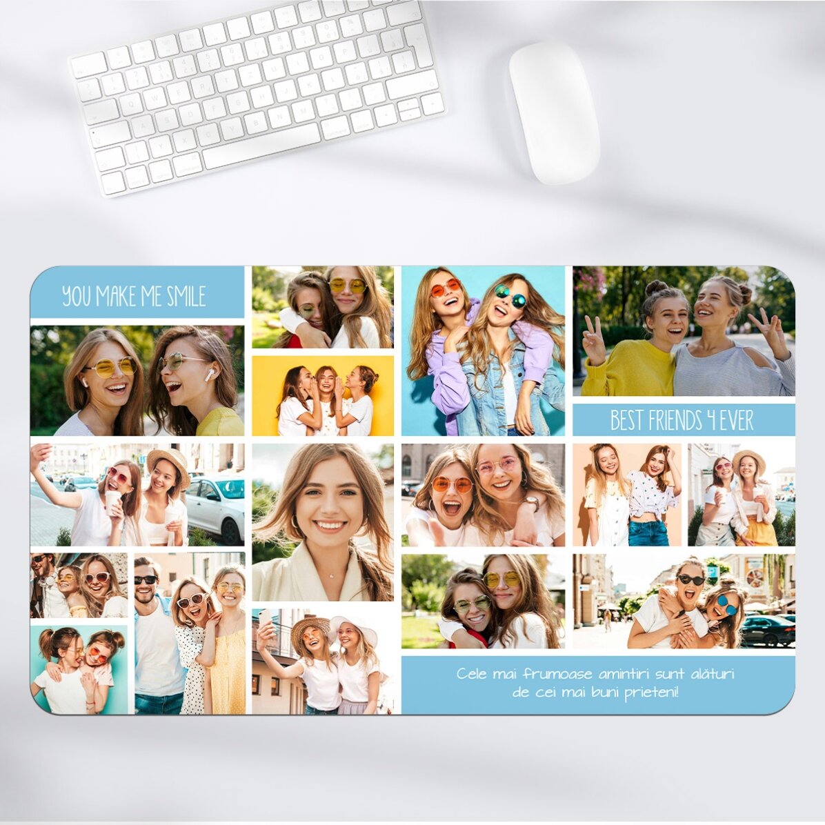Gepersonaliseerde XXL-muismat met een collage van foto’s en tekst