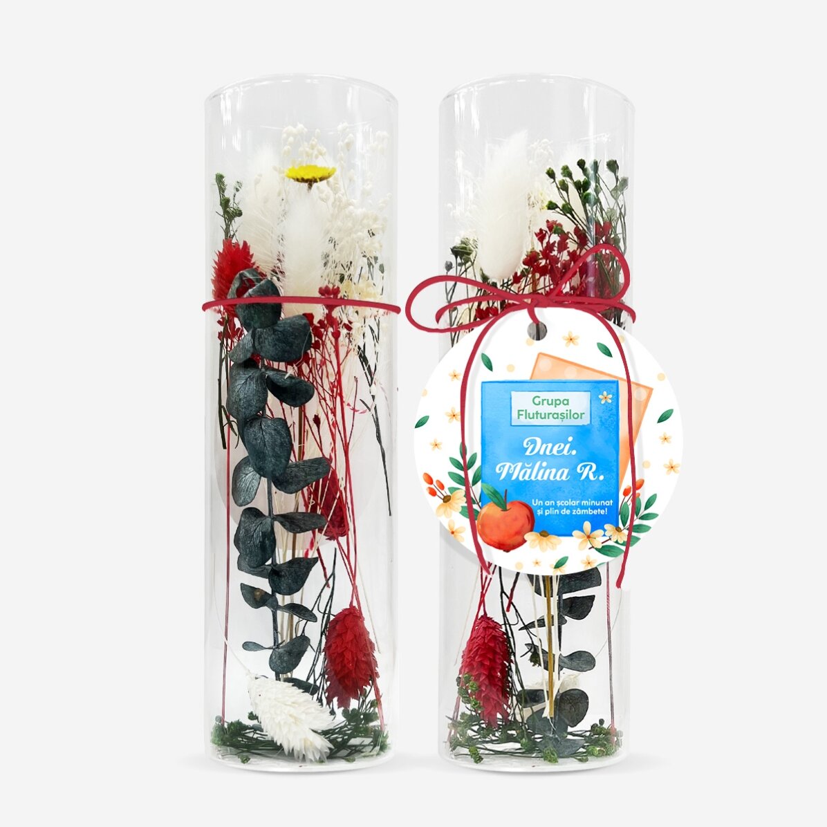 Glasornament met geconserveerde bloemen, gepersonaliseerd met een boodschap voor leraren