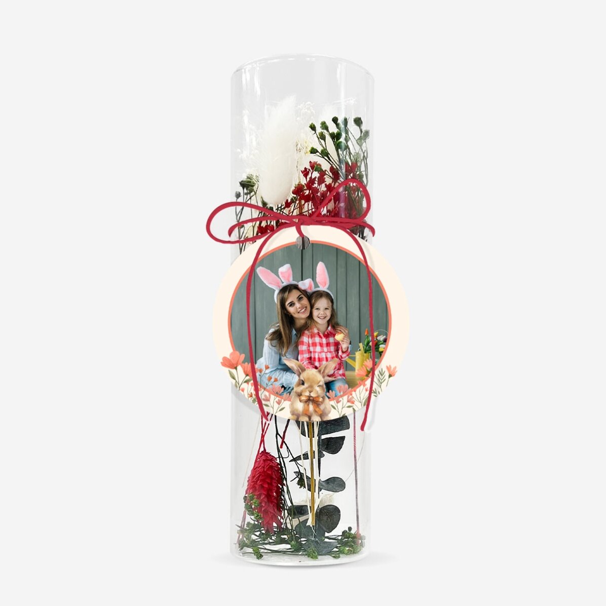 Glasornament met geconserveerde bloemen, gepersonaliseerd met een foto - Bunny